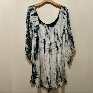 White/Black Tie Dye Dress - Bell Sleeves | 100% Rayon | Size M
